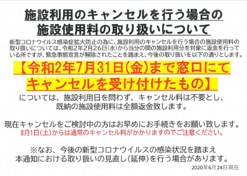 施設利用のキャンセルを行う場合の施設使用料の取り扱いについて